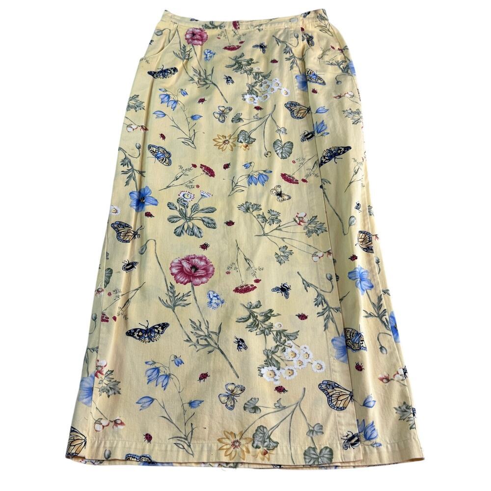 VTG Stonebridge Wrap Skirt Size 12 Yellow Botanical Butterfly Bee Ladybug Cotton